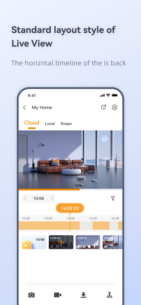 Interfaccia dell'app Imou Life che mostra un feed video dal vivo con una cronologia di riproduzione orizzontale e miniature degli eventi registrati.