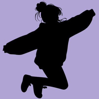 realistic girl jumping with a bun and oversized sweatshirt