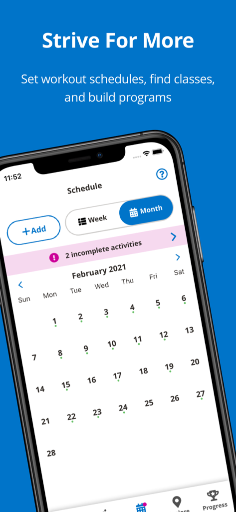 SilverSneakers GO app schedule screen showing a monthly calendar view for workout planning.