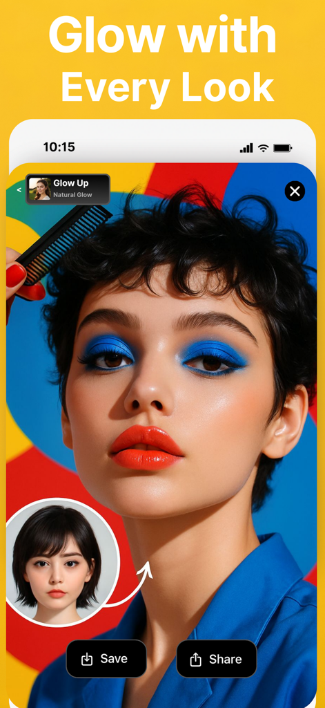 Una mujer mostrando una vibrante transformación de maquillaje usando la herramienta de mejora de la aplicación Generador de Fotos IA.