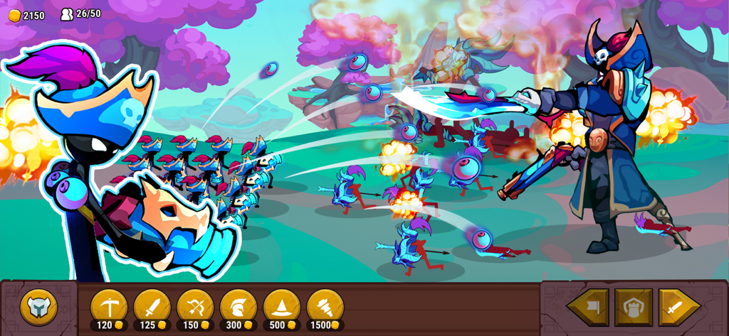 Stickman heroes and soldiers in a strategy battle scene with pirate themed characters