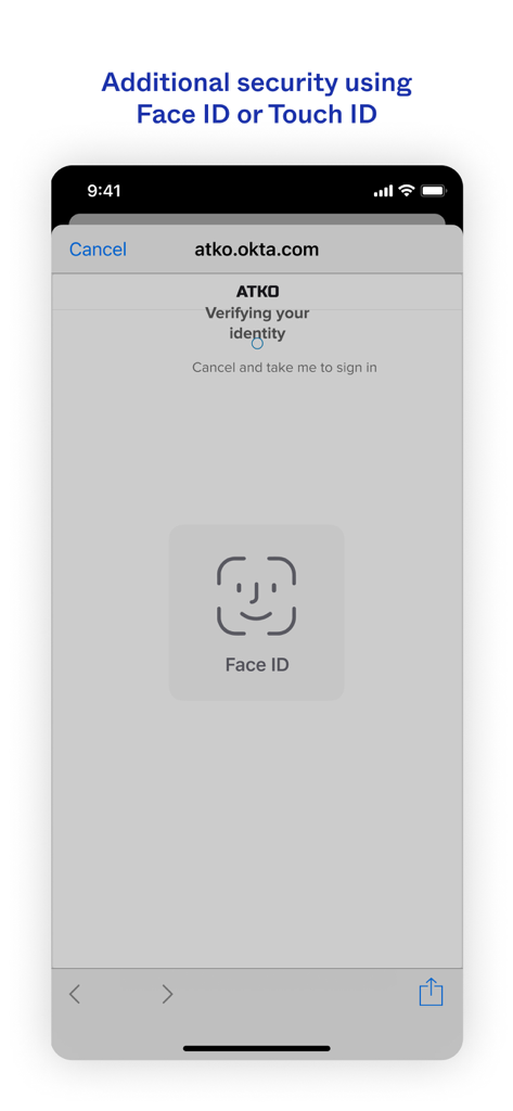 Okta Verify app screen displaying Face ID biometric authentication for identity verification