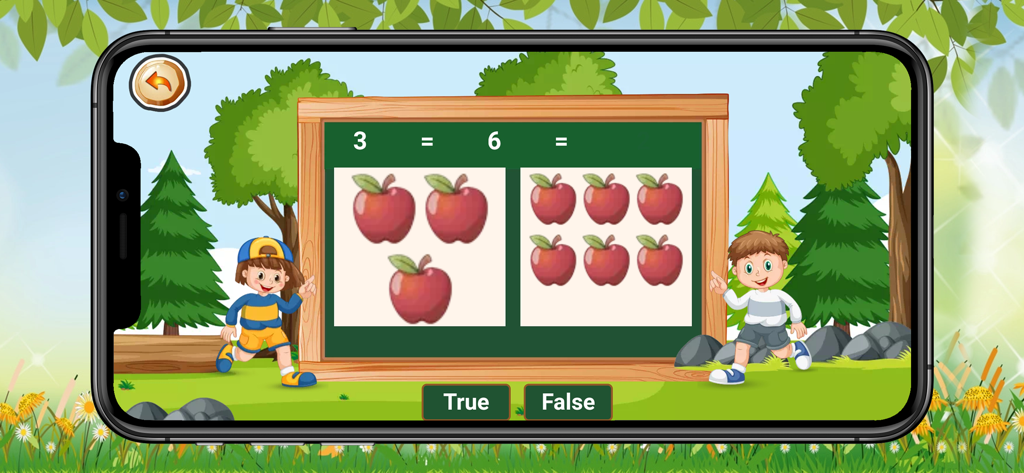 Basic maths learn - Preschool math app interface showing a counting exercise with apples and true or false options