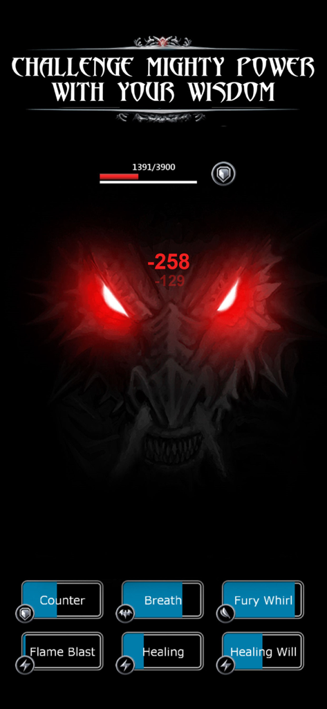 Una pantalla de batalla contra un jefe de fantasía oscura en Dungeon Survivor mostrando ojos rojos brillantes y botones de habilidad táctica