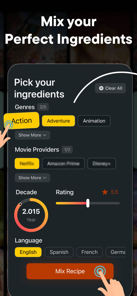 Interfaz de la aplicación ItsMovinActors que muestra filtros de búsqueda de películas para géneros, proveedores de streaming y el botón de mezcla de recetas