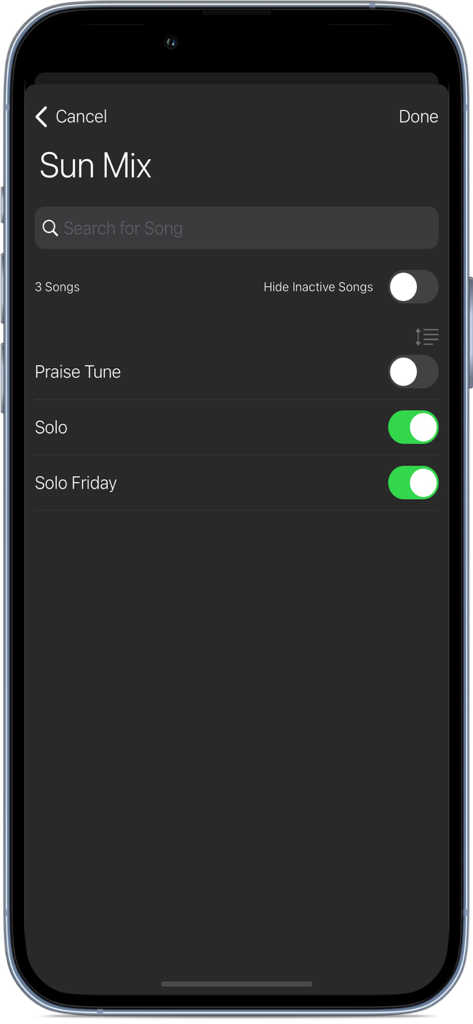 Mobilbildschirm der SoftPads-App, der einen Setlist-Editor mit dem Titel Sun Mix anzeigt, mit Song-Schaltern für Live-Auftritte