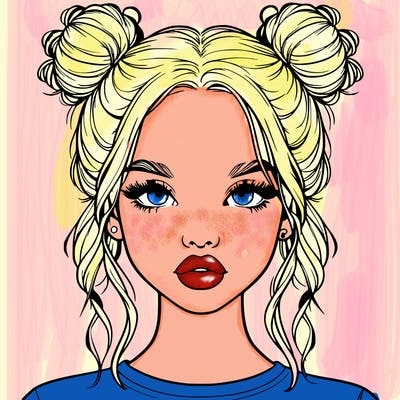 realistic girl with two buns in hair and lips