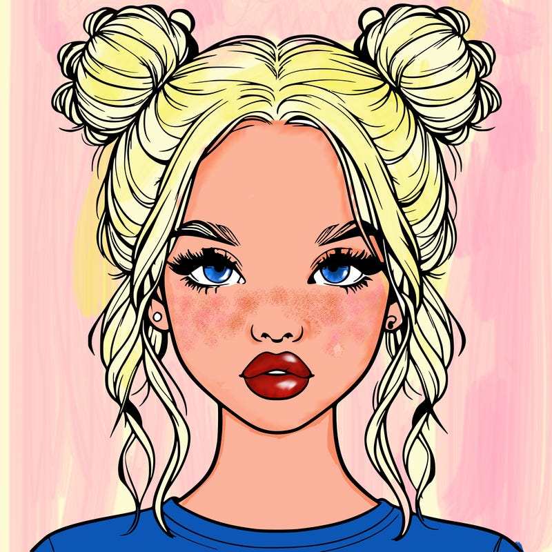 realistic girl with two buns in hair and lips