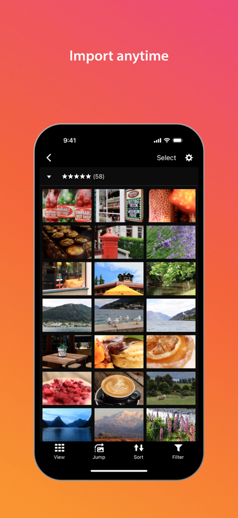 Interface mobile de l'application Canon Camera Connect affichant une grille de photos importées avec le texte « Importer à tout moment ».