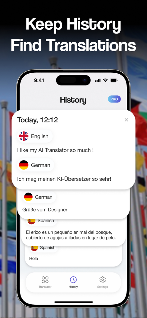 AI Language Translator Pro - Un smartphone que muestra la pantalla de historial de la aplicación Traductor de Idiomas AI Pro con traducciones pasadas en inglés, alemán y español.