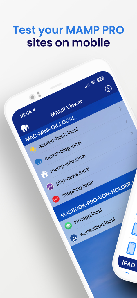 MAMP Viewer - La aplicación MAMP Viewer mostrando una lista de sitios de desarrollo local en un iPhone