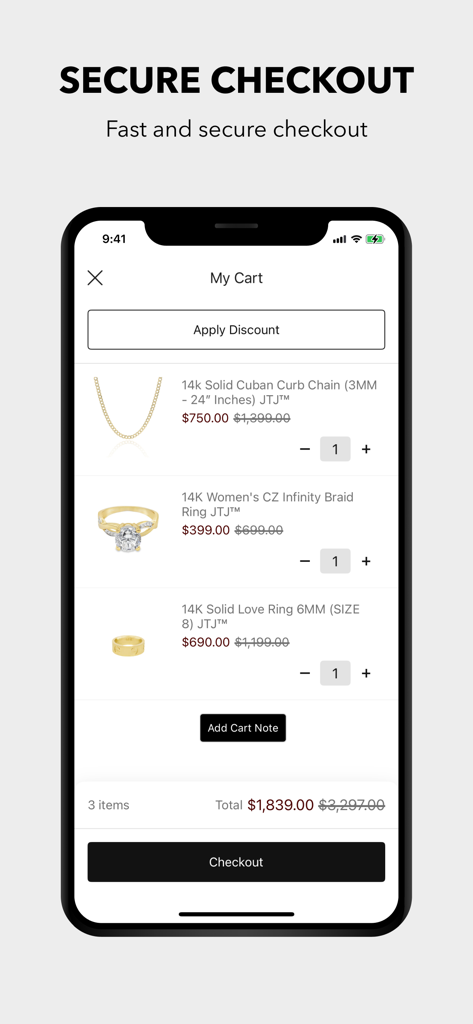 Javierthejewelernyc - Javier the Jeweler NYC app shopping cart showing gold jewelry items and a secure checkout button