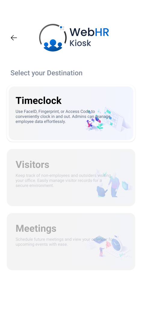 WebHR Kiosk - WebHR Kiosk app menu screen with options for Timeclock Visitors and Meetings