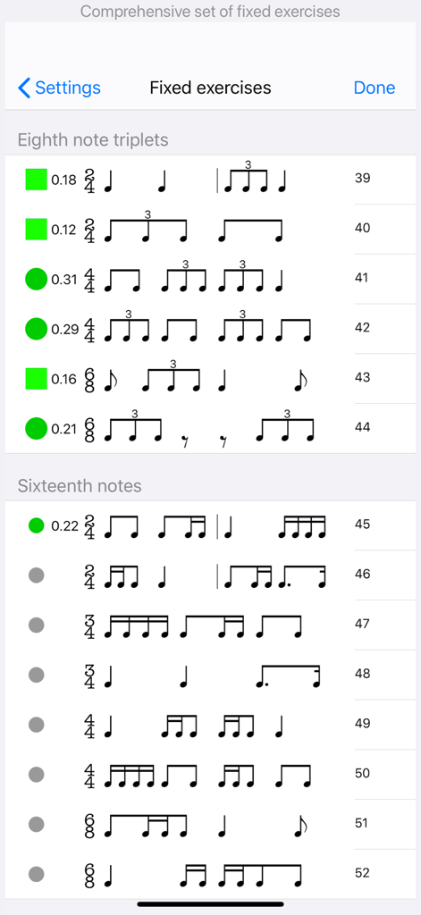 A list of fixed rhythm exercises with musical notation and progress indicators for triplets and sixteenth notes.