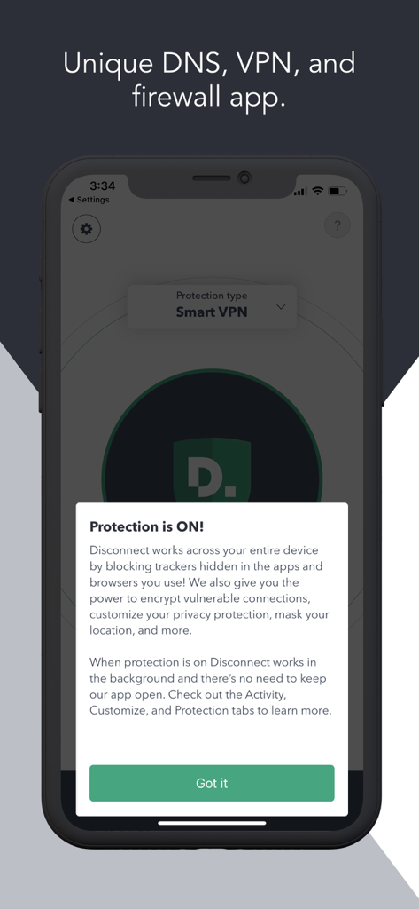 Smartphone screen displaying Disconnect Premium VPN active protection notification