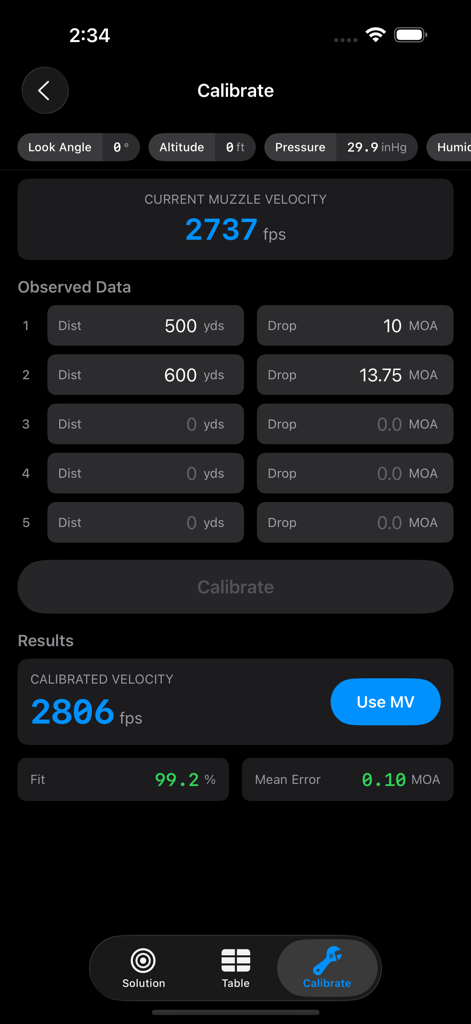 Muzzle velocity calibration screen in the Shooter app showing observed data and results