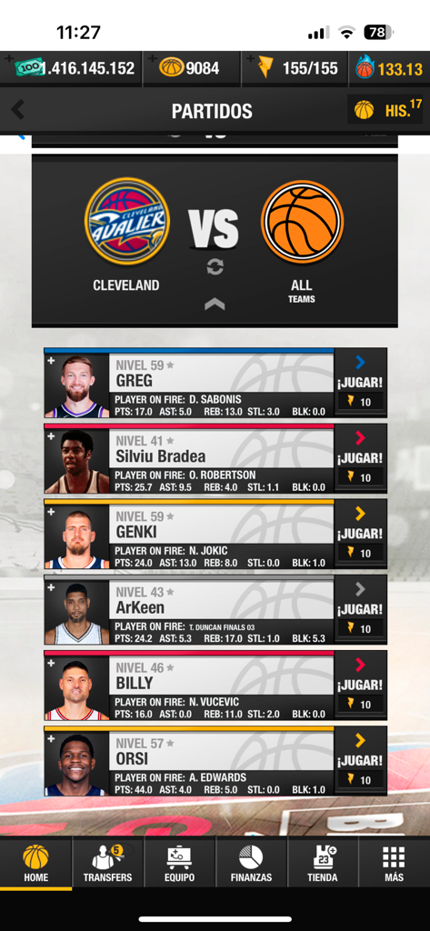 Basketball Game Manager 24 - Match selection screen in Basketball Game Manager 24 showing opponent lineups and star player statistics.