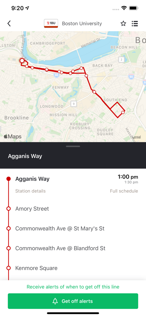 Terrier Transit app interface showing the Boston University shuttle route map and scheduled stops