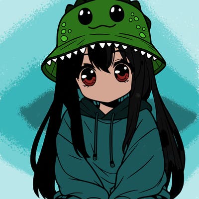 girl with anime shaped eyes with a dinosaur bucket hat oversized sweatshirt long straight hair