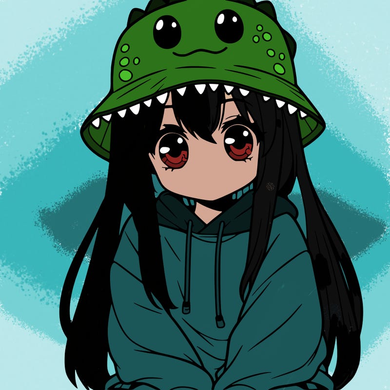 girl with anime shaped eyes with a dinosaur bucket hat oversized sweatshirt long straight hair
