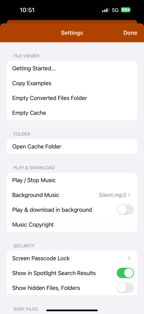 Settings screen of the PDF to PowerPoint converter app showing file management and security settings