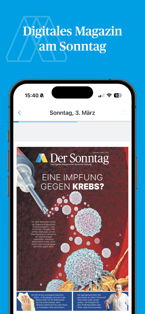 Aachener Zeitung E-Paper App zeigt die Titelseite des digitalen Sonntagsmagazins