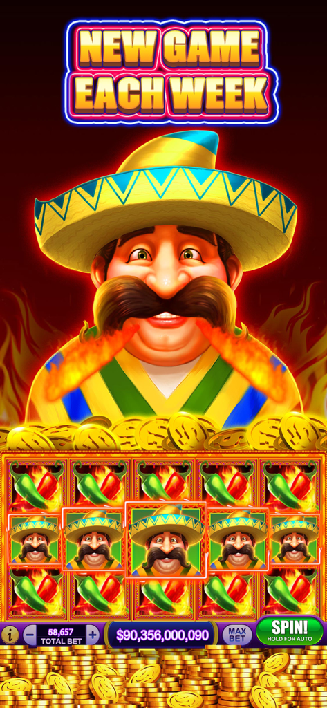 Cashmania Slots: Slot Games - A Mexican themed slot game interface with a character wearing a sombrero and chili pepper symbols