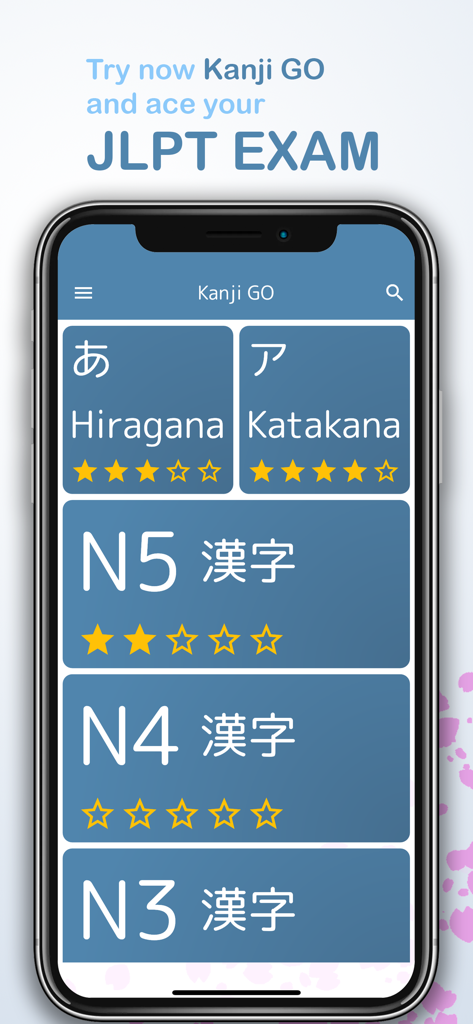 Kanji GO – Learn Japanese - Écran d'accueil de l'application Kanji GO montrant la progression des niveaux Hiragana Katakana et JLPT Kanji avec un système de notation par étoiles.