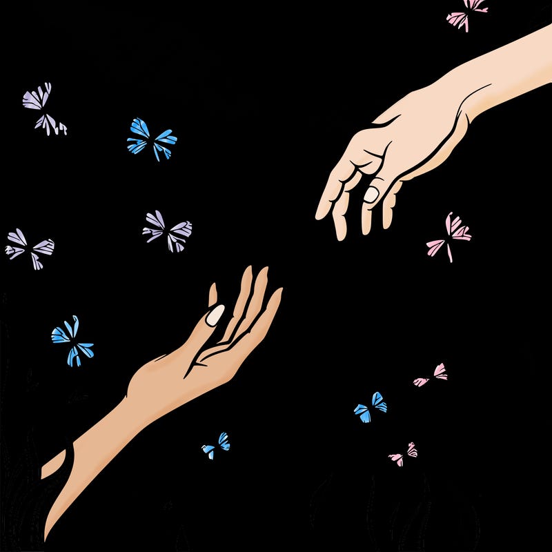 one hand reaching from the sky and one handing reaching from the ground towards each other and butterflies flying all around them