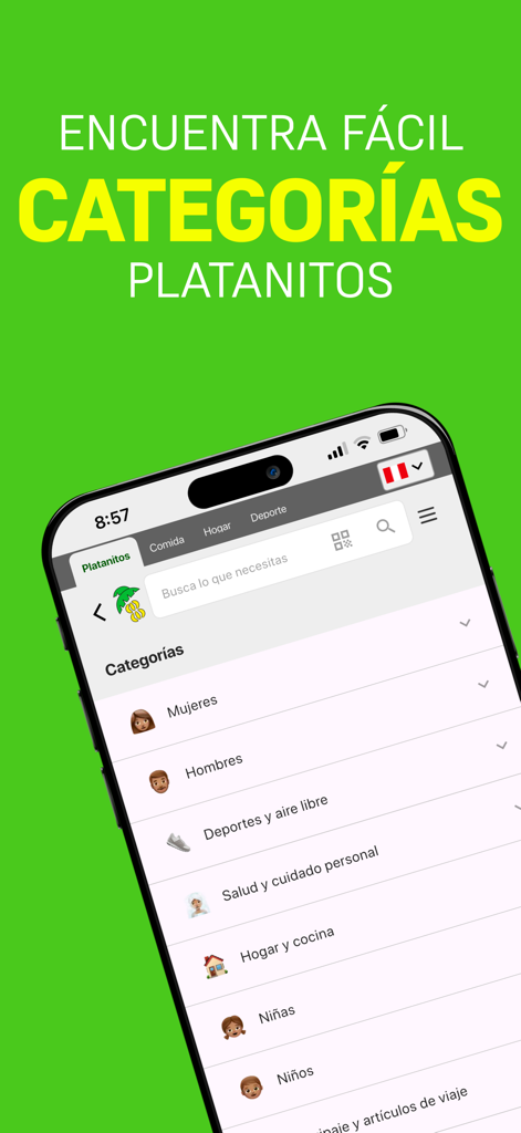 Platanitos - Platanitos mobile app screen showing shopping categories for women, men, and sports.