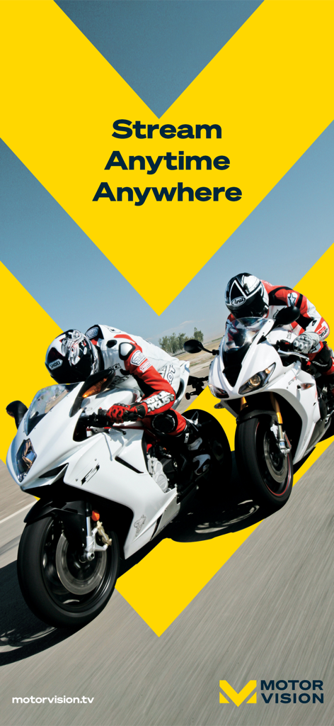 Motorvision | Live Streaming - Two white sport motorcycles racing on a track with the text Stream Anytime Anywhere