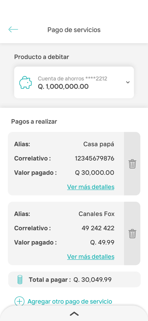 Interface of the BANTRAB mobile app for paying utility and service bills in Guatemala.