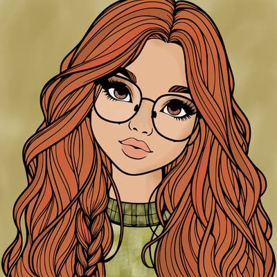 girl with long hair and freckles and glasses realistic