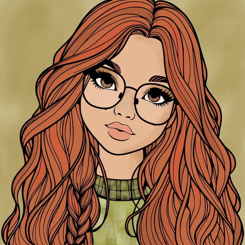 girl with long hair and freckles and glasses realistic