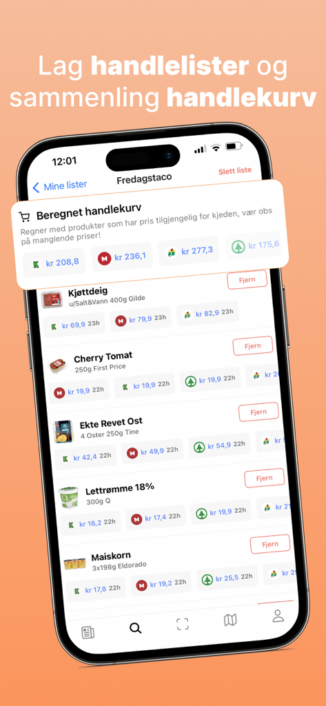 Interfaz móvil de la aplicación Prisjegere que muestra una lista de compras con comparaciones de precios entre varios minoristas