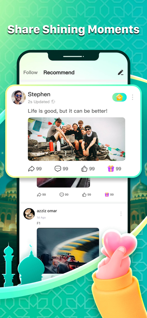 StarLite-Party&Games - StarLite app screenshot showing a social feed with user posts, photos of friends, and interaction icons for sharing and gifting.