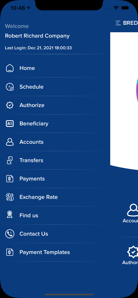 BRED Fiji Business Connect - Navigation menu of the BRED Fiji Business Connect app for SMEs showing features like transfers, payments, and exchange rates.