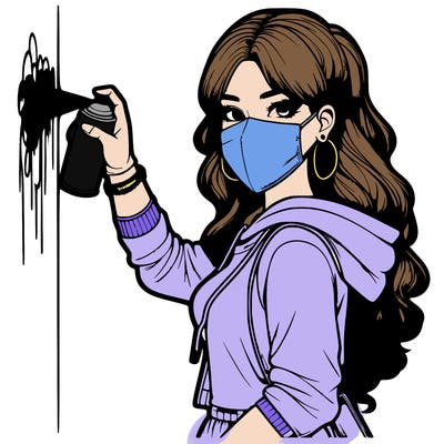 realistic girl with mask spray painting a wall