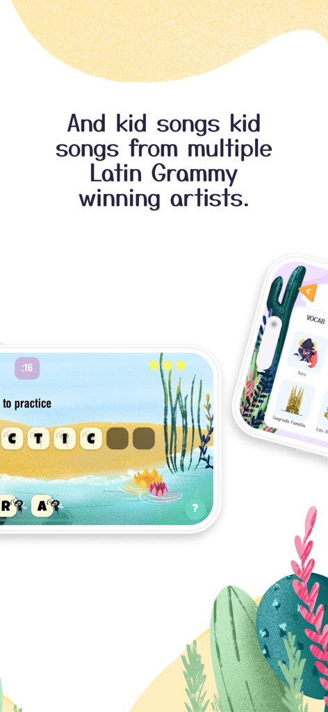 Spanish School Bus for Kids - Spanish School Bus app screenshots showing vocabulary learning games and music by Latin Grammy artists.