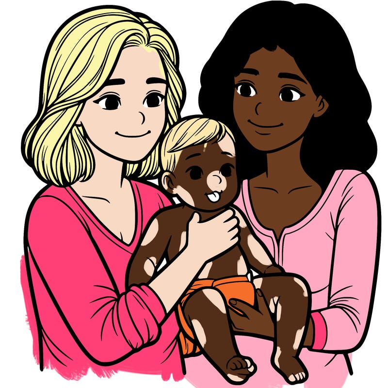 two realistic women holding one baby together