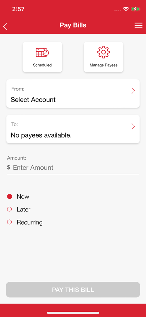 Mainstreet CU Mobile Banking - Pay bills interface of Mainstreet CU Mobile Banking app showing options for account selection amount entry and scheduling payments