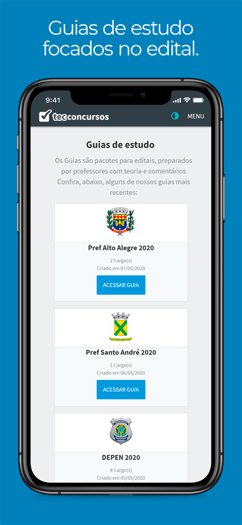 Tec Concursos - Tec Concursos app interface displaying a list of exam study guides.