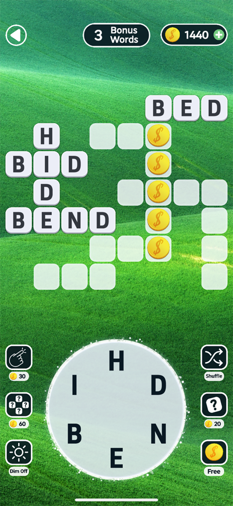 Word Swipe Connect: Crossword - Word Swipe Connect crossword puzzle game screen with a green landscape background