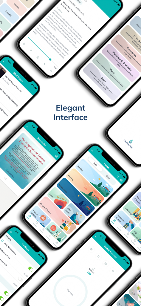 Dhikr & Dua - A collection of smartphone screens showcasing the elegant and modern user interface of the Dhikr and Dua app, including prayer reminders and a tasbih counter.