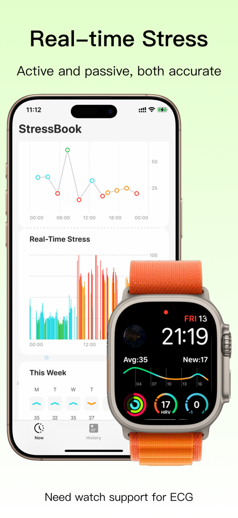 StressBook app showing real-time stress monitoring and HRV data on an iPhone and Apple Watch.