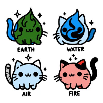 4 cats that represent the different elements, earth, water, air, and fire