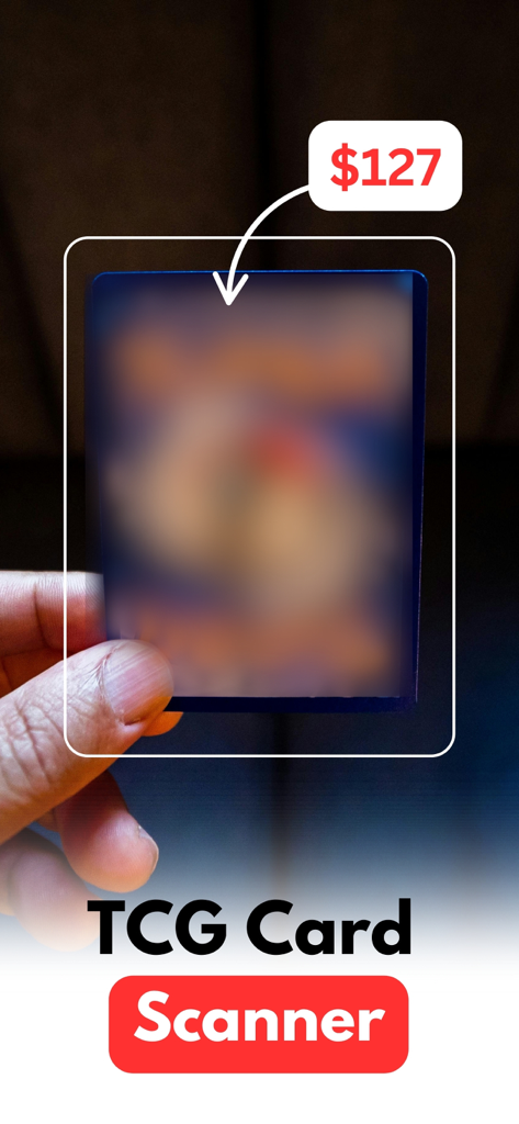 A person scanning a trading card with a mobile app to see its real-time market price of 127 dollars.