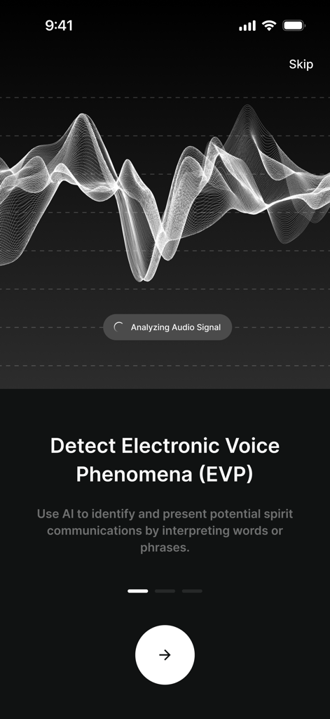SPI - Interface of the SPI app showing EVP detection and audio signal analysis with a wave pattern