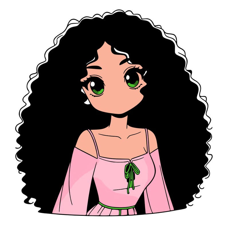 a black anime girl with long afro hair