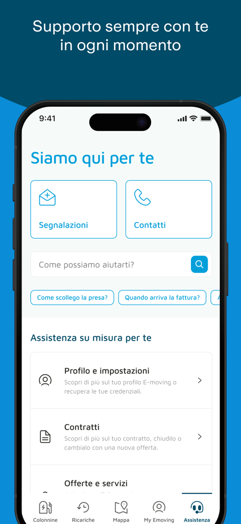 A2A Emoving - Schermata di supporto dell'app mobile A2A Emoving con opzioni per segnalazioni, contatti e domande frequenti